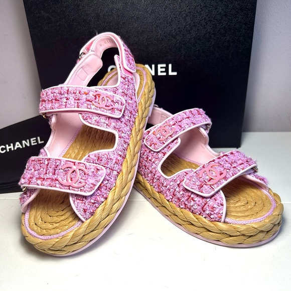 NEW CHANEL 22P DAD SANDALS CC LOGO PINK PURPLE TWEED PAT.LEATHER SZ 38 - Picture 10 of 16